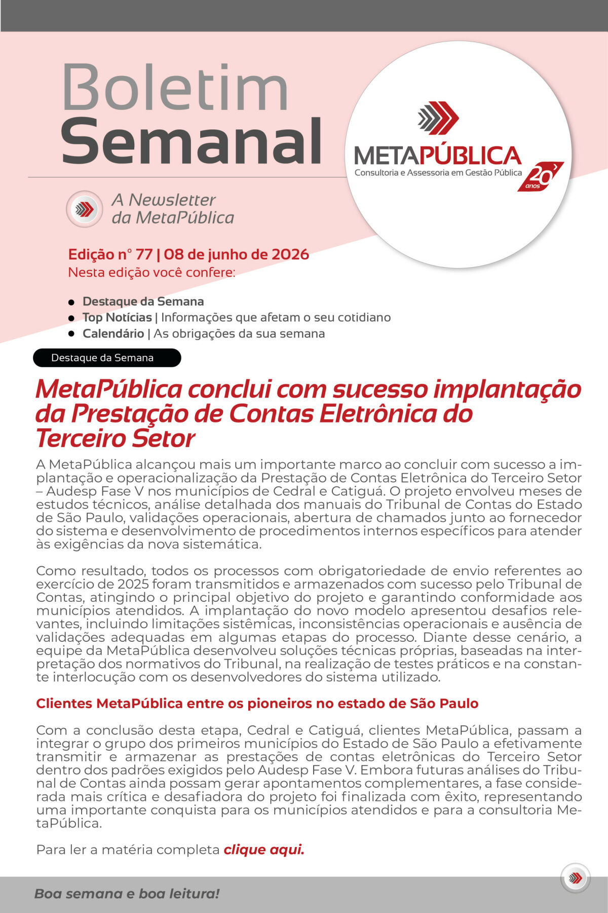 Imagem principal de BOLETIM SEMANAL Nº 77 - 08 DE JUNHO DE 2026